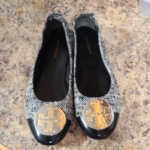 Tory Burch Reva Snakeskin Metallic Silver Leather Ballet Flats size 7 -READ
